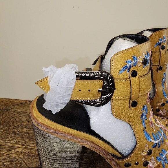 Embroidered Chunky Block Heel Boot with Adjustable Buckle - Picture 11 of 13